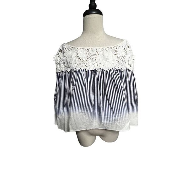 Milly Off The Shoulder Striped Trumpet Sleeve Blouse Size 4 Blue and White - Picture 1 of 7